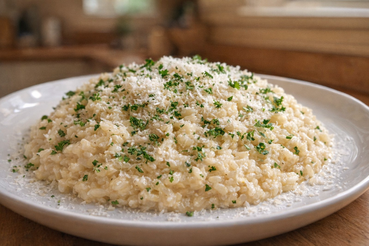 A perfectly plated classic Parmesan risotto, creamy texture, garnished with fresh parsley and grated Parmesan, warm, inviting lighting